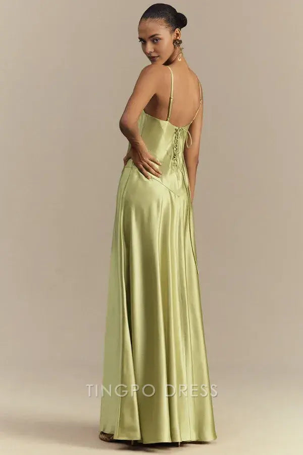Elegant Sheath/Column Spaghetti Strap Satin Maxi Dress with Lace - Up Back Prom Dress